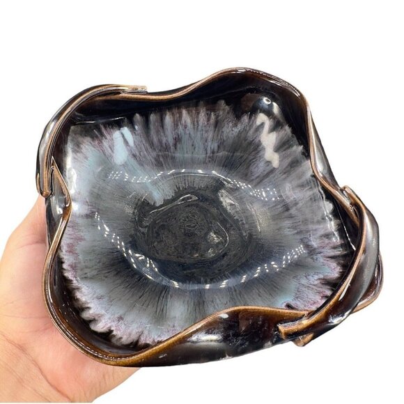 1960s Ceramic Porcelain Dish Bowl W Handles Dark Brown White Drip Glaze Vintage - Picture 7 of 16